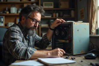 Homme d'âge moyen réparant un ordinateur poussiéreux dans un bureau