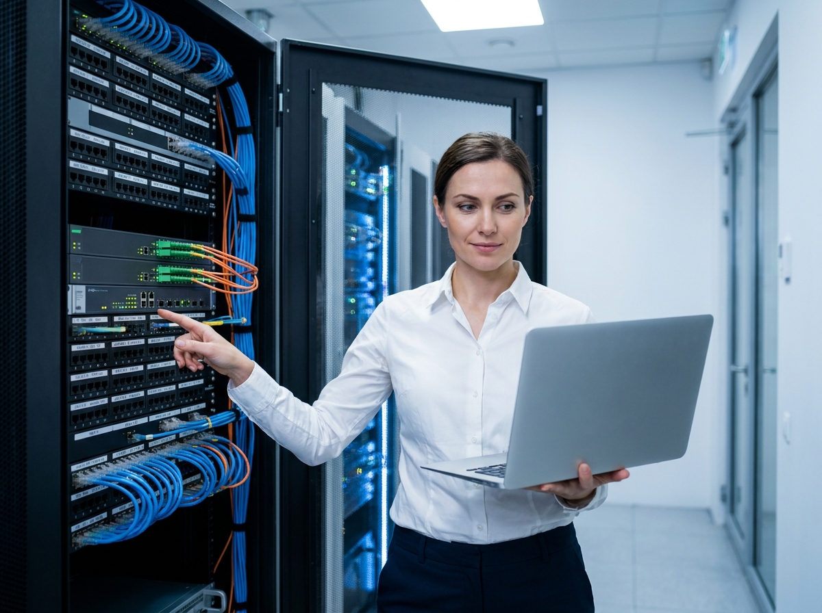 Responsable informatique analysant les performances réseau devant un rack équipé de modules SFP