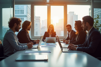 Groupe de professionnels en réunion dans un bureau lumineux