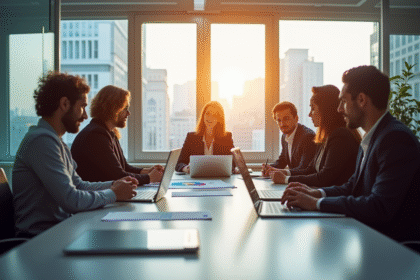 Groupe de professionnels en réunion dans un bureau lumineux