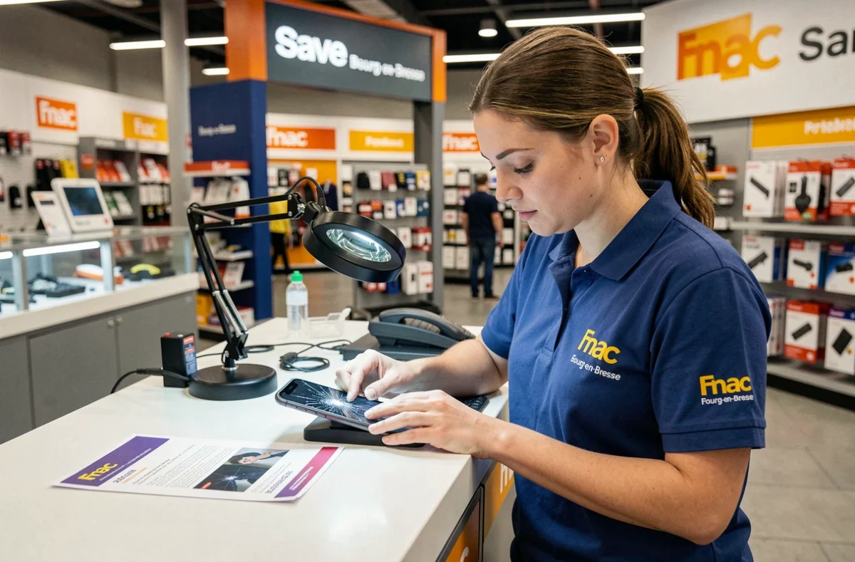 Technicienne Save Bourg-en-Bresse Fnac inspectant un smartphone au comptoir de réparation en magasin