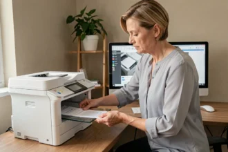 Femme qui place un document sur le scanner d'une imprimante multifonction dans un bureau à domicile
