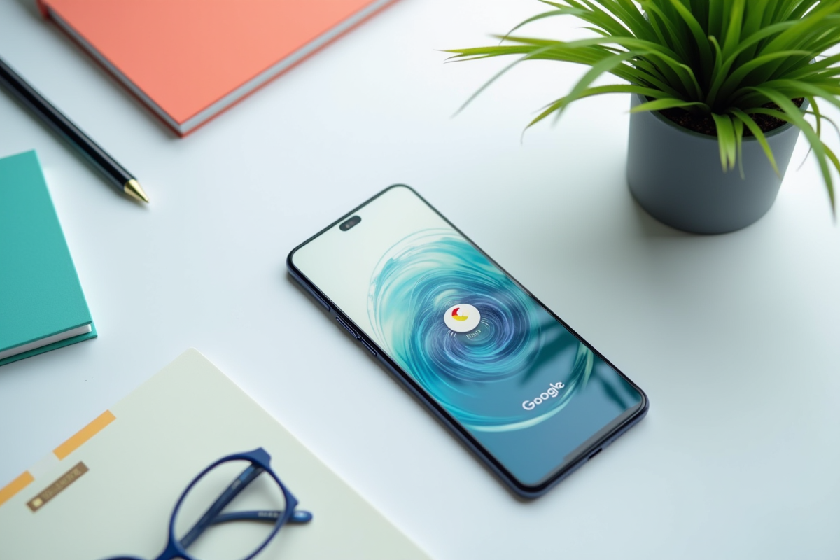 Smartphone avec animation Google sur un bureau blanc entouré de fournitures colorées