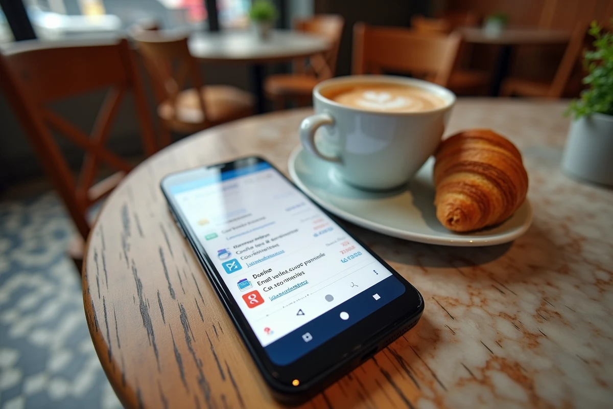 Smartphone affichant une boîte mail La Poste posé sur une table de café parisien avec un espresso