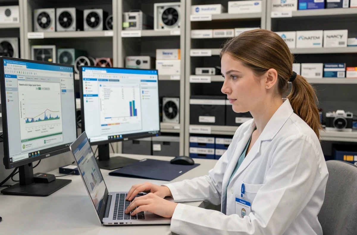 Technicienne de SOS Futur à Nancy effectuant un diagnostic informatique sur un ordinateur portable
