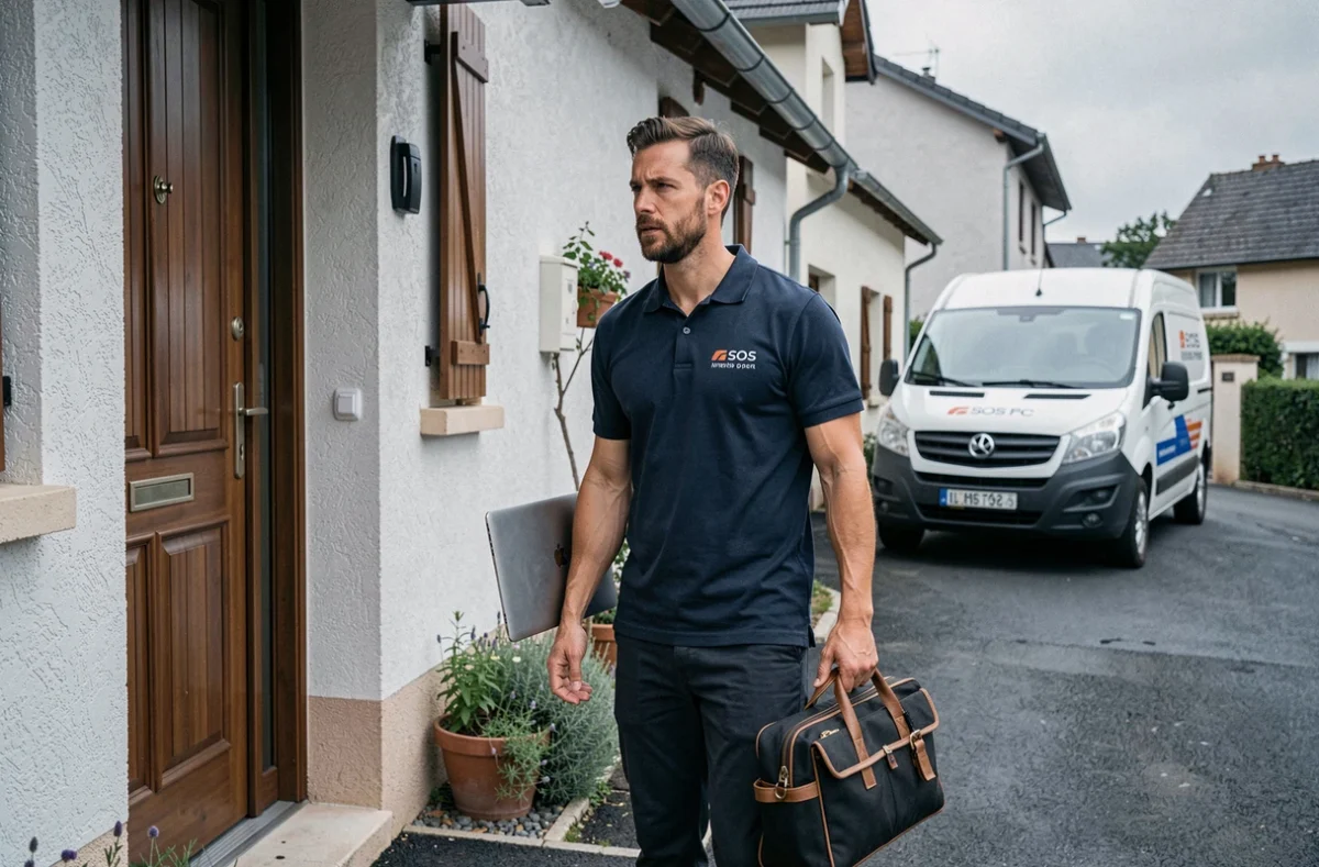 Technicien SOS PC 01 arrivant en intervention à domicile avec son sac d'outils et un ordinateur portable