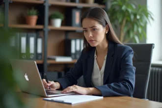 Femme devant un ordinateur avec un document Word ouvert cherchant à supprimer une page blanche