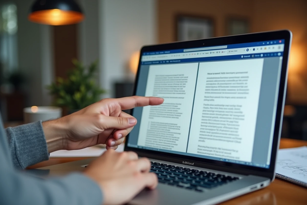 Doigt pointant un saut de page manuel dans un document Word affiché sur écran d'ordinateur