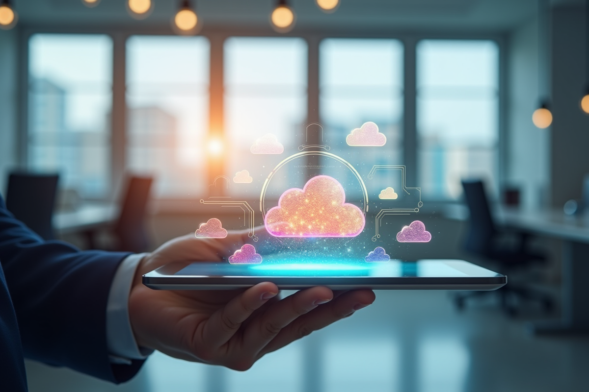 Main tenant une tablette avec interface cloud dans un bureau lumineux