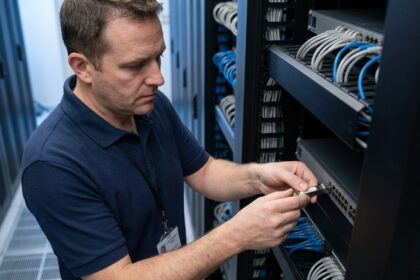 Technicien réseau insérant un module SFP dans un switch en datacenter professionnel