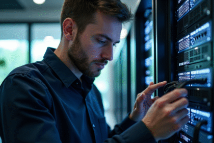 Technicien réseau travaillant sur un serveur dans un bureau lumineux