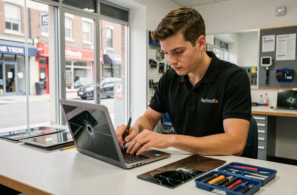 Technicien Technofix à Nancy remplaçant l'écran fissuré d'un ordinateur portable