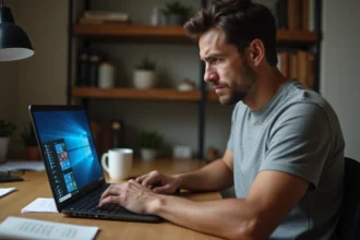 Homme cherchant à télécharger Windows 7 Home Edition ISO sur un ordinateur portable dans un bureau à domicile