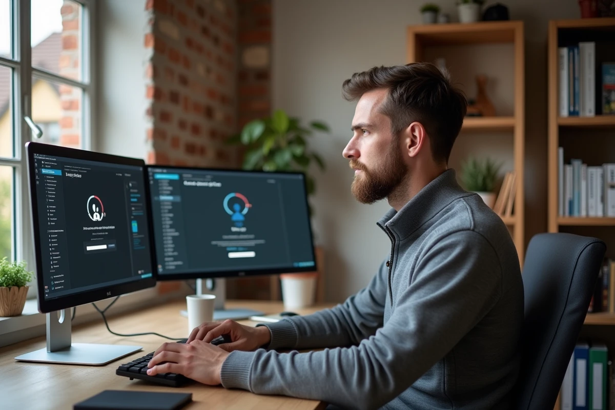 Homme en télétravail se connectant sécurisément à l'intranet Normandie depuis son domicile
