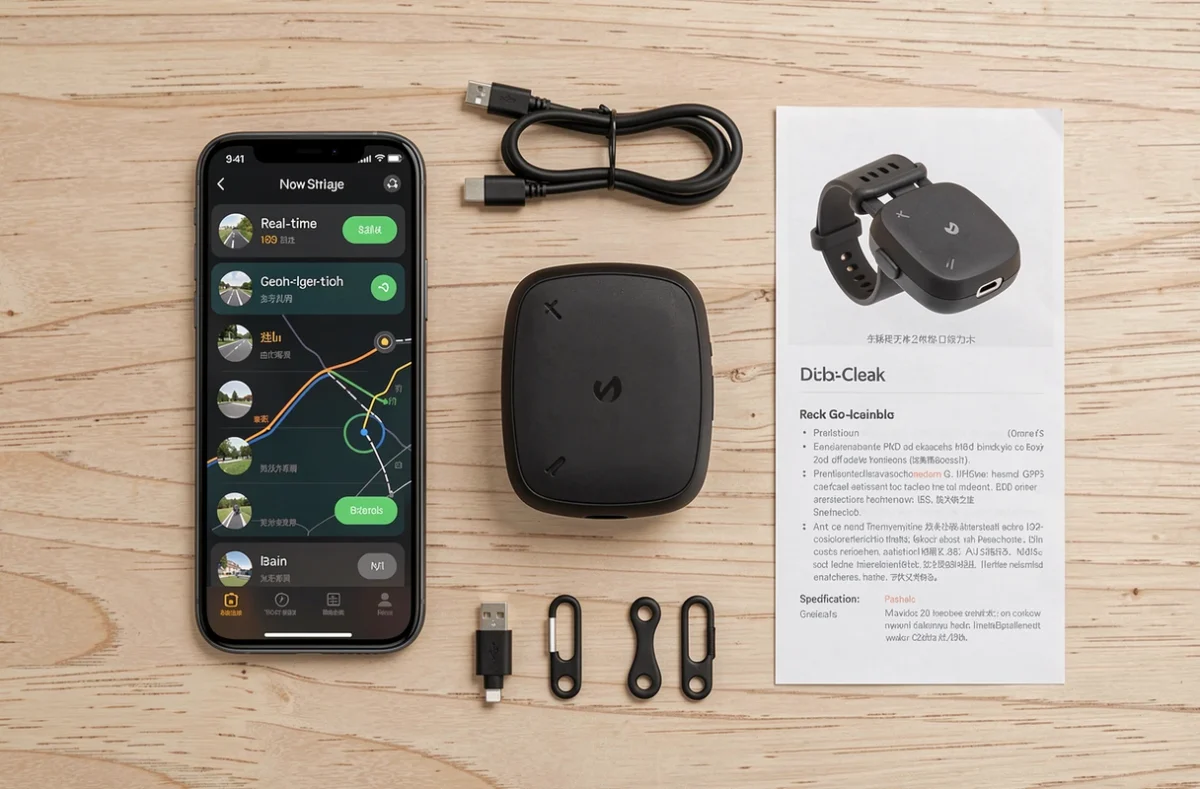 Vue aérienne d'un traceur GPS avec accessoires et smartphone affichant une interface de suivi en temps réel