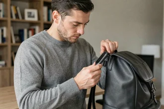 Homme attachant un petit traceur GPS connecté à un sac à dos en cuir noir dans un bureau moderne en 2026