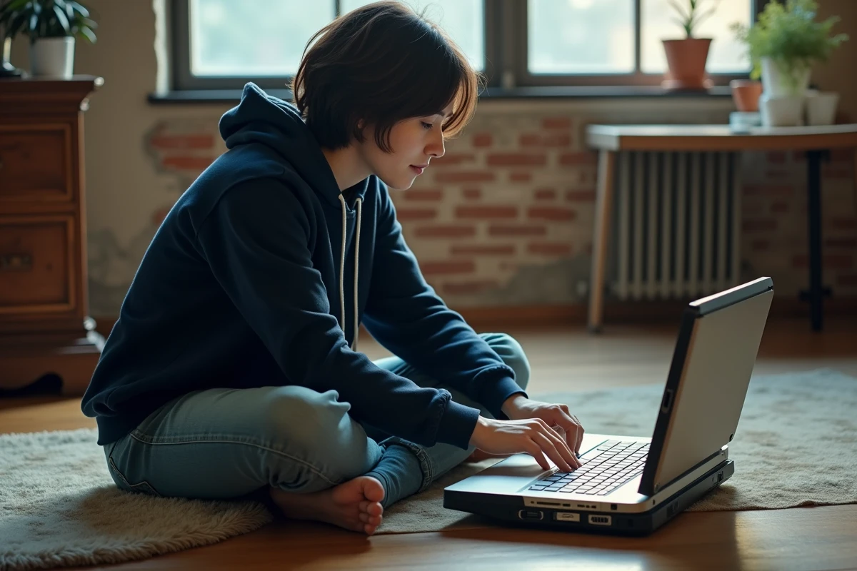 Femme installant de la RAM dans un vieux laptop ouvert posé sur le sol d'un appartement