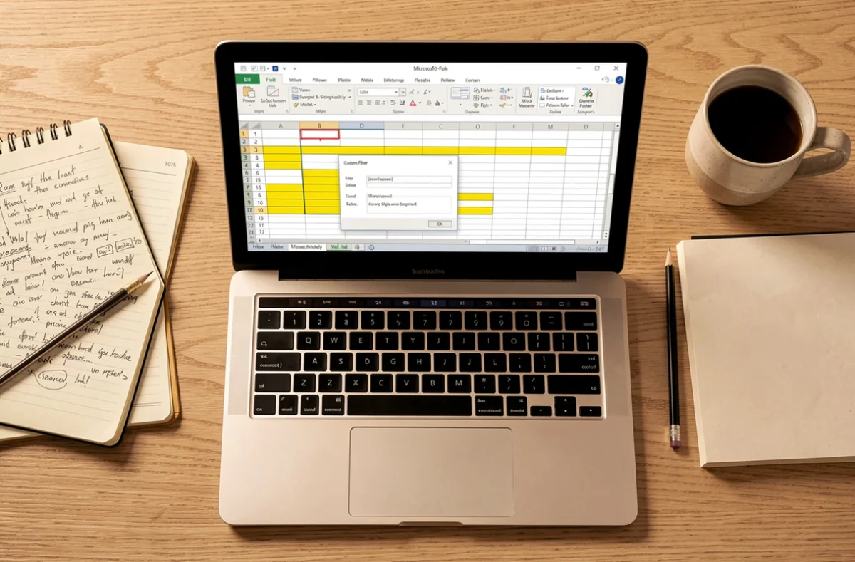 Vue aérienne d'un bureau avec un laptop affichant Excel et des lignes vides filtrées selon un critère personnalisé