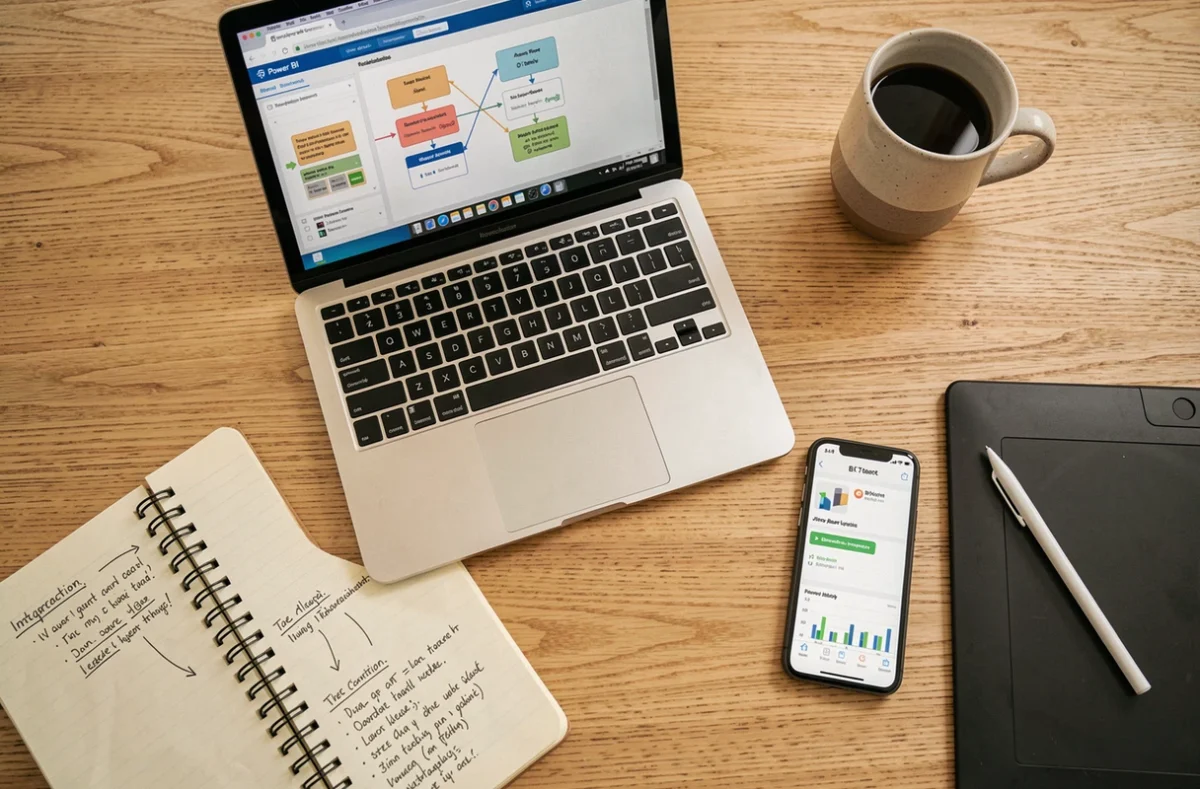 Vue aérienne d'un bureau avec laptop affichant un modèle de données Power BI, carnet de notes et smartphone