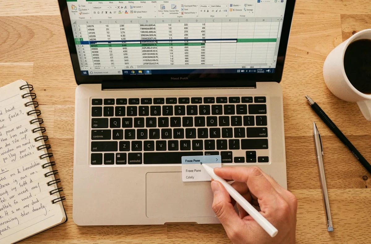 Vue de dessus d'un écran Excel avec lignes figées et menu de configuration des volets sur un bureau en bois