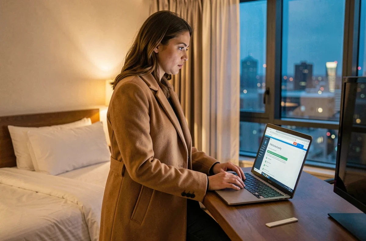 Professionnelle accédant à son webmail Grenoble de façon sécurisée depuis une chambre d'hôtel à l'étranger