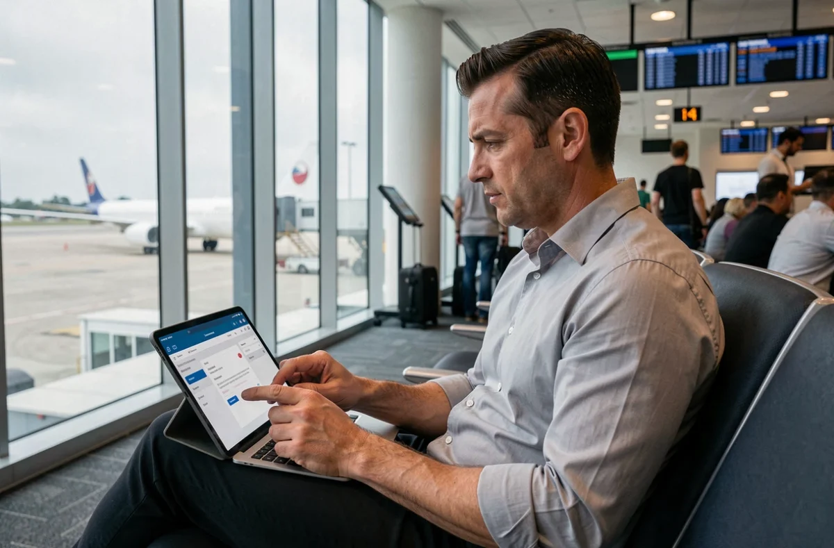 Homme consultant son webmail sécurisé sur tablette dans un salon d'aéroport pendant un voyage professionnel