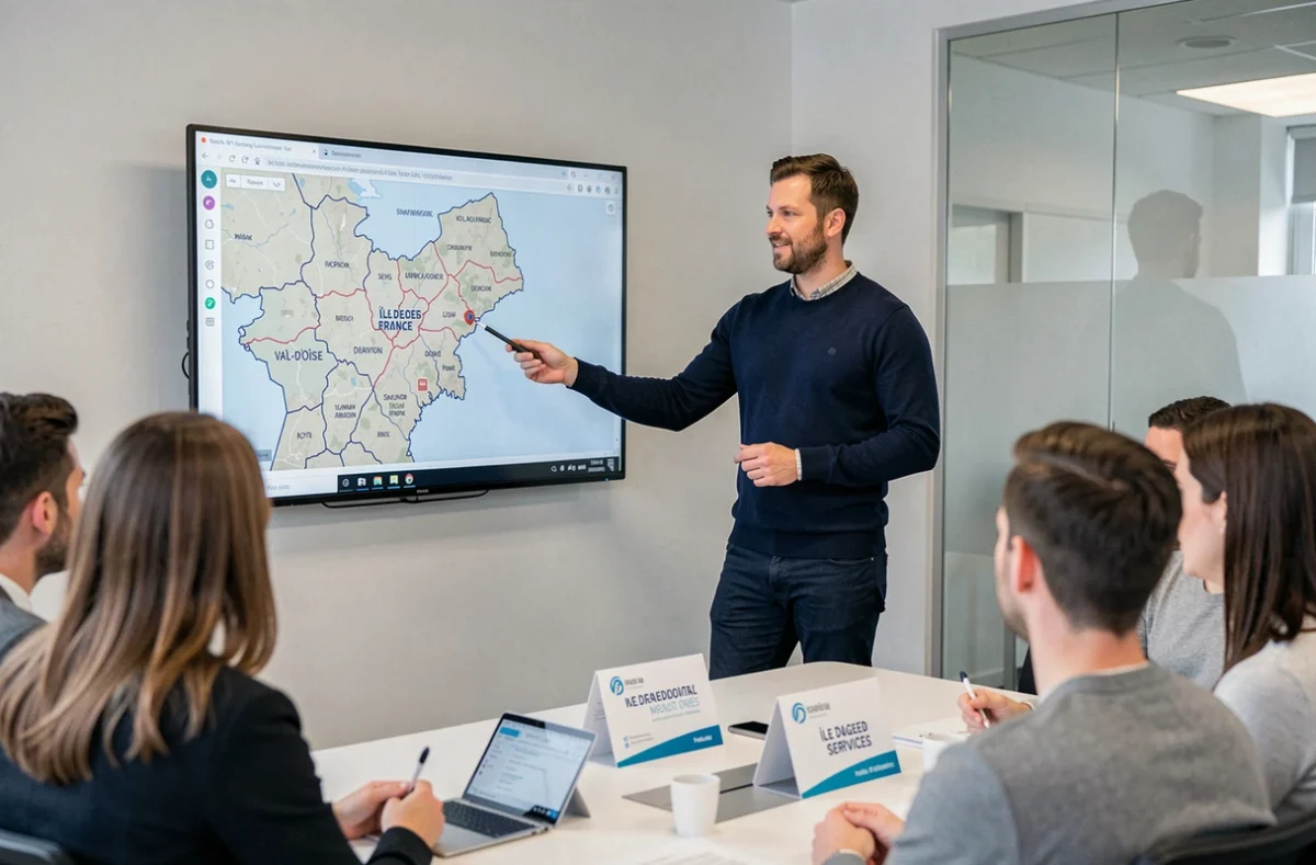 Responsable commercial de Weodeo présentant une offre d'infogérance Île-de-France avec ancrage Val-d'Oise sur carte digitale