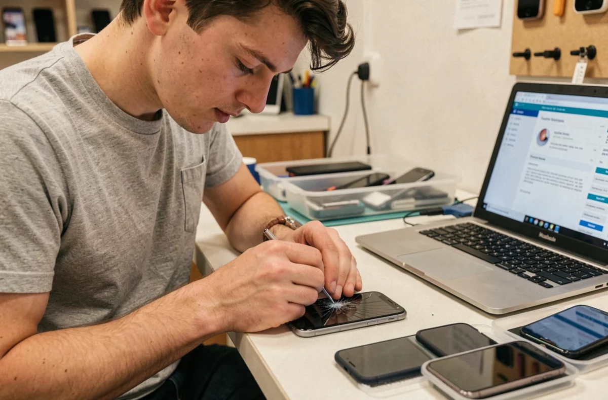 Technicien de Wimobiles Media à Pont-à-Mousson réparant l'écran d'un smartphone sur son établi